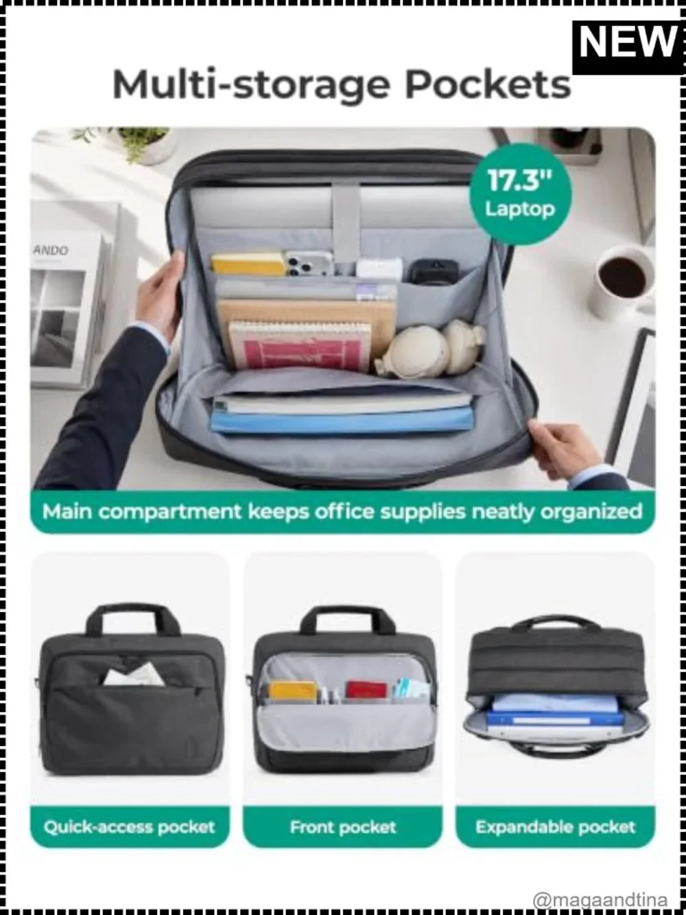 3-in-1 Laptop Bag Expandable Briefcase Backpack Messenger Fits 17.3 Inch
